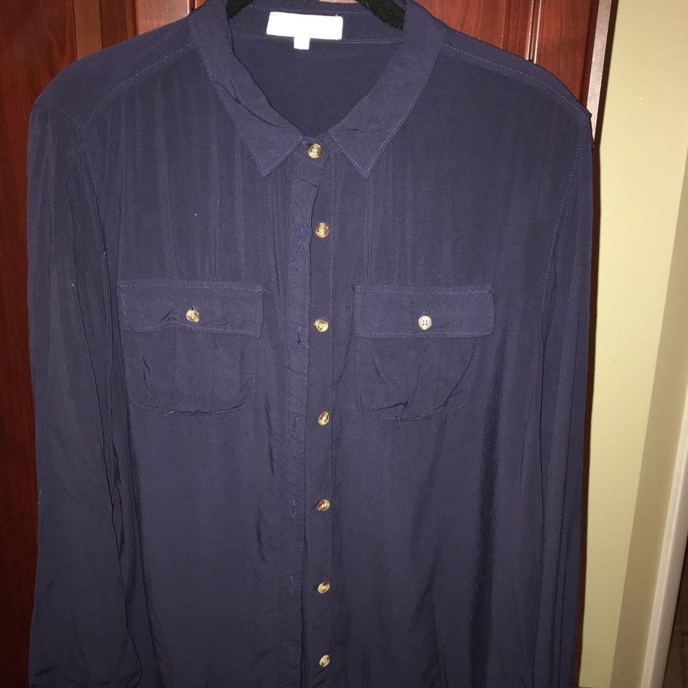 Navy Long Sleeve Blouse. Rayon. Machine Washable